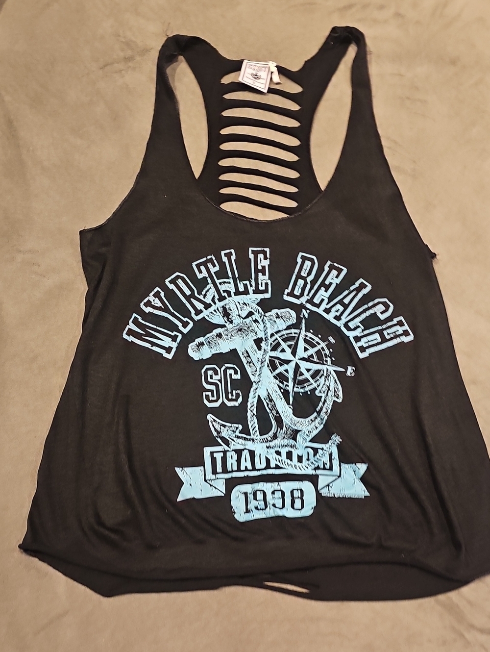 Exist Black Racerback Tank with Light Blue Myrtle Beach Graphic